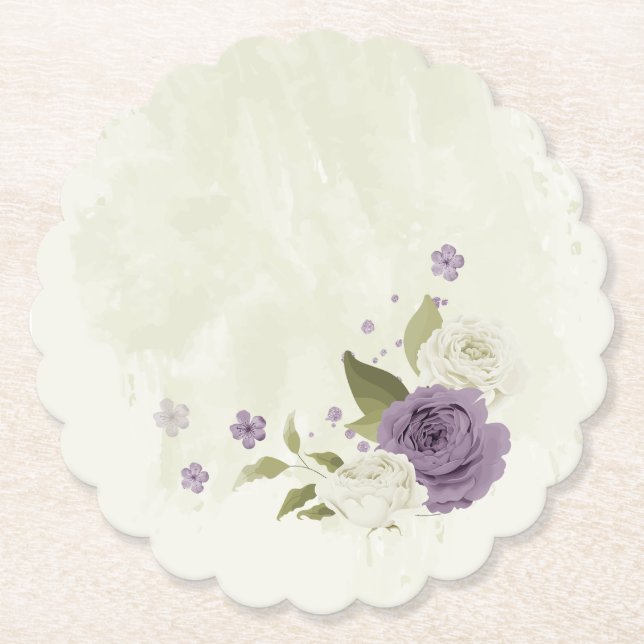 mauve white flowers greenery wedding paper coaster (Front)