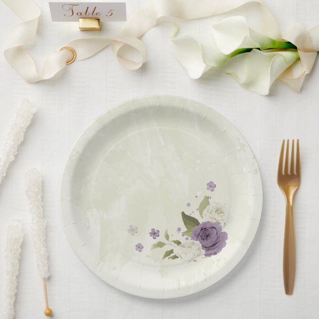 mauve white flowers greenery wedding paper plate (Wedding)