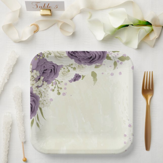 mauve white flowers greenery wedding paper plate (Wedding)