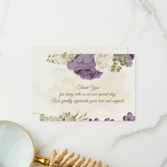 mauve white flowers greenery wedding thank you card (Front/Back In Situ)