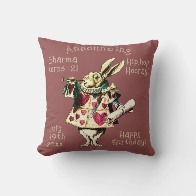 Mauve White Rabbit Happy Birthday Decree Cushion (Front)