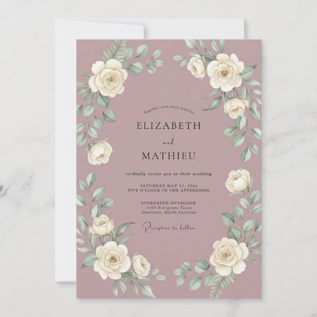 Mauve White Rose Wedding Invitation (Front)