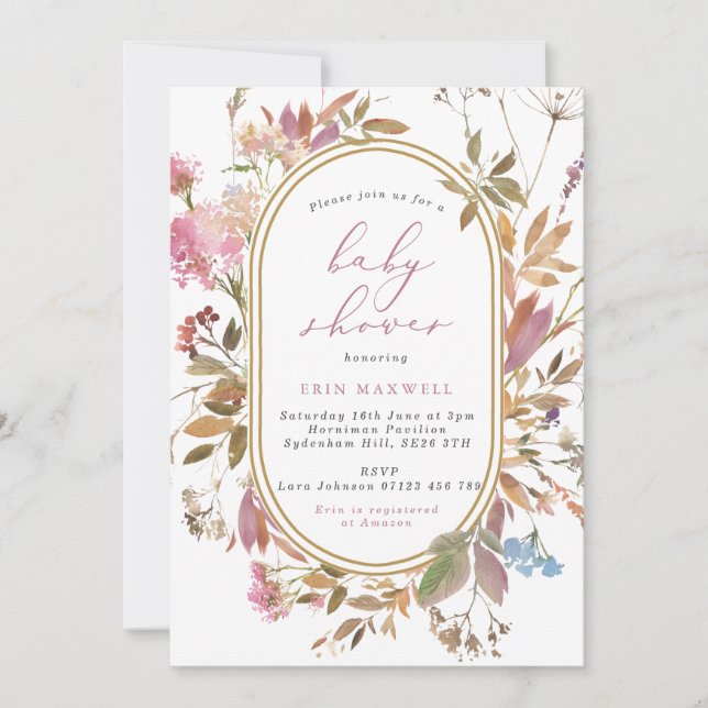 Mauve Wildflowers Pill Frame Baby Shower Invitatio Invitation (Front)