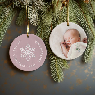 Mauve Winter Snowflake First Christmas Photo Ceramic Tree Decoration