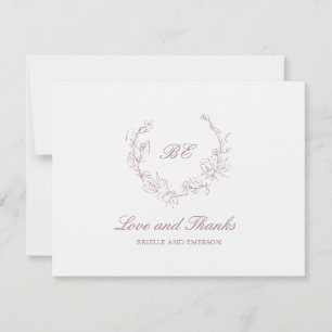 Mauve Wreath Monogram Elegant Wedding Thank You Card