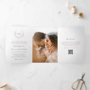 Mauve Wreath Monogram QR Code Elegant Wedding Tri-Fold Invitation