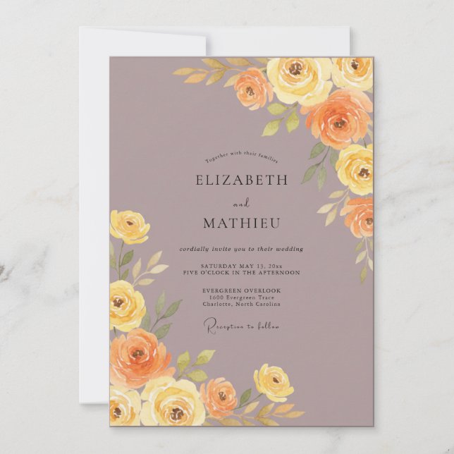 Mauve Yellow Ranunculus Eucalyptus Wedding Invitation (Front)