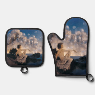 Maxfield Parrish Air Castles 1904 Vintage Fantasy  Oven Mitt & Pot Holder Set