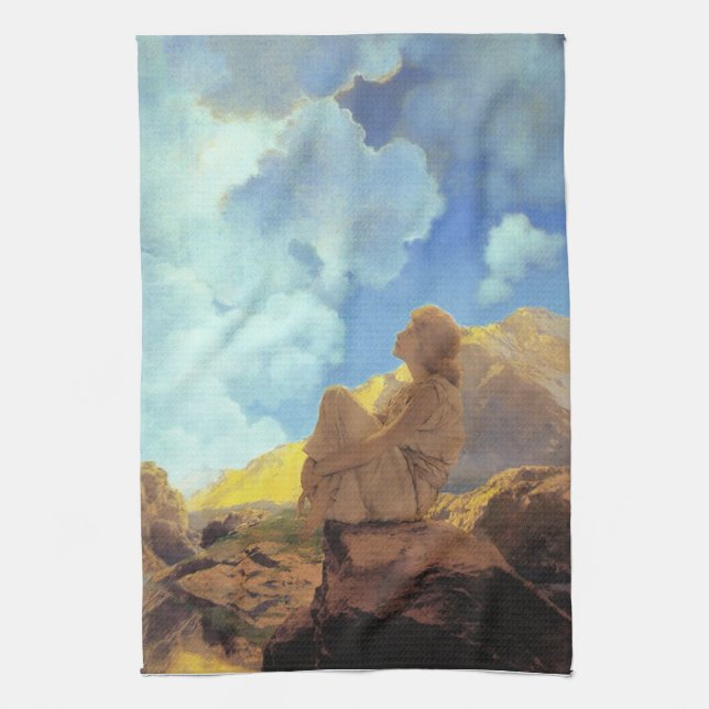 Maxfield Parrish Morning 1922 Cloud Blue Fine Art Tea Towel (Vertical)