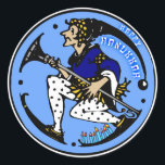 Maxfield Parrish-y Hanukkah Elf Classic Round Sticker<br><div class="desc">Decorate your envelopes,  gift packages,  & more w/ IconDoIt's original variation on a classic 1920's Maxfield Parrish elf character w/ White & black polka dot leggings   cobalt blue pancho   a menorah on his shoe,  on a periwinkle background &  the greeting,  "Happy Hanukkah". Choose from 2 sizes</div>