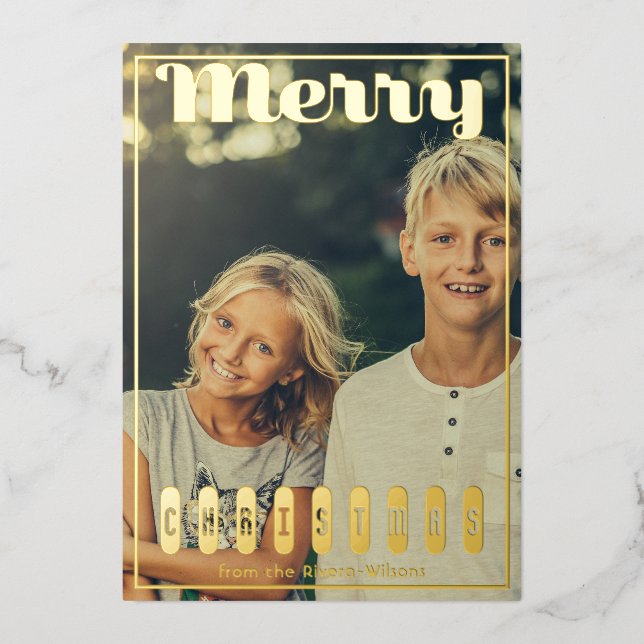 Maximal Merry Script Christmas Photo Foil Holiday Card (Front)