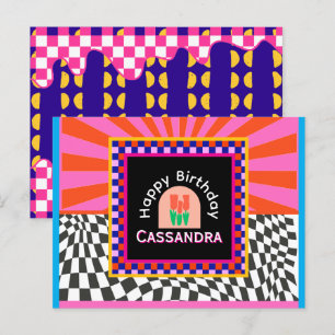 Maximalism Birthday Colorful Checkered Floral  Postcard