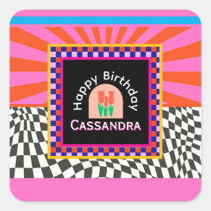 Maximalism Birthday Colourful Chequered Floral Square Sticker