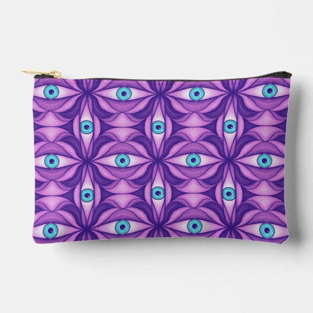 Maximalist Abstract Botanical Eye Pattern Purple Accessory Pouch (Front)