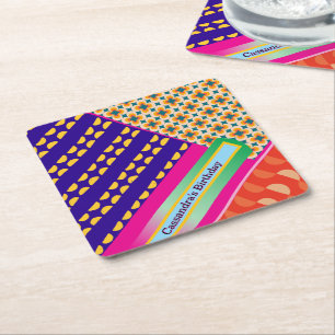 Maximalist Birthday Repeating Patterns Colourful Square Paper Coaster