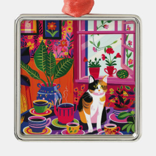 Maximalist Calico Cat and Tea Room Metal Tree Decoration