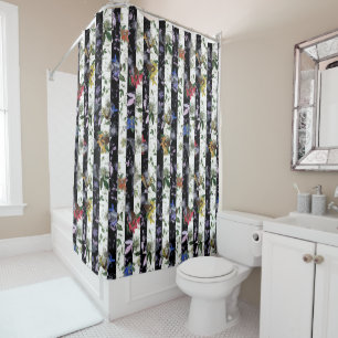 Maximalist Colorful Flowers Black White Stripe Shower Curtain