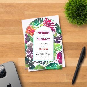 Maximalist colourful tropical leaves arch wedding acrylic invitations