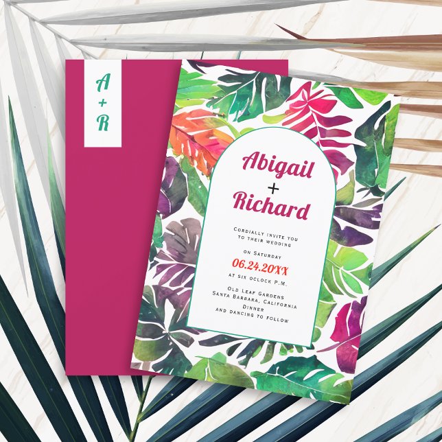 Maximalist colourful tropical leaves arch wedding invitation (Creator Uploaded)