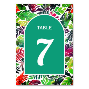 Maximalist colourful tropical leaves arch wedding table number