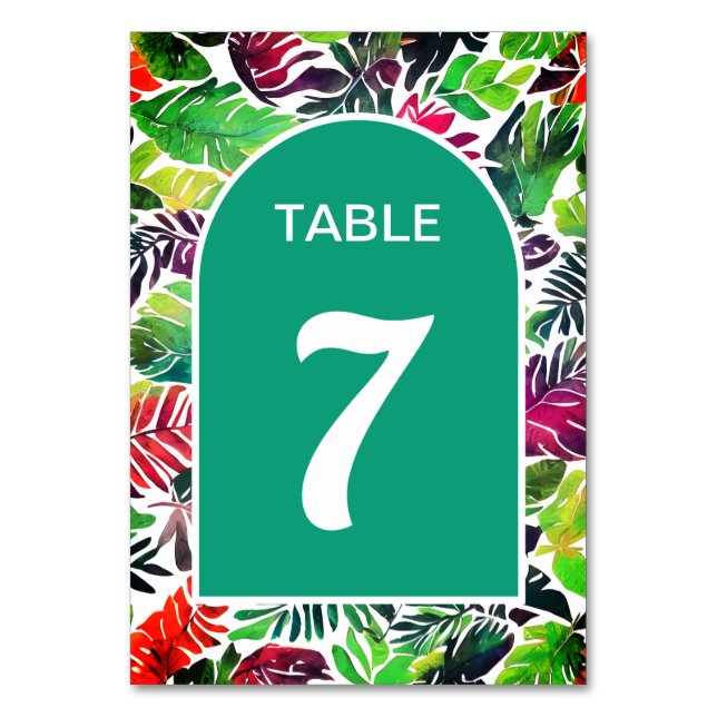 Maximalist colourful tropical leaves arch wedding table number (Front)