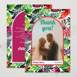 Maximalist colourful tropical leaves arch wedding thank you card