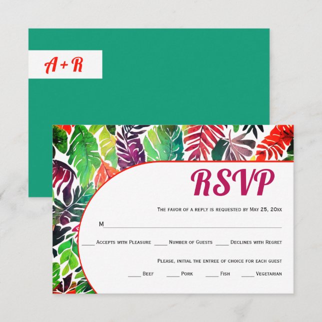 Maximalist colourful tropical leaves green wedding RSVP card (Front/Back)