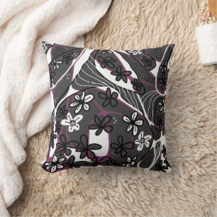 Maximalist Floral Neuro Art Magenta Grey White Cushion
