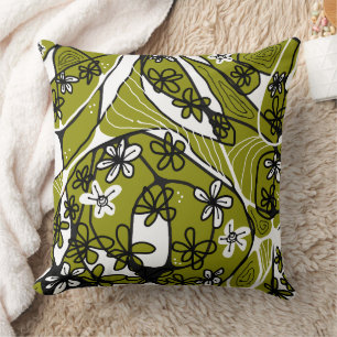 Maximalist Floral Neuro Art - Olive White Cushion