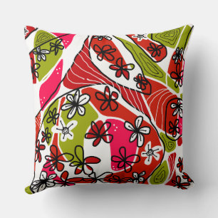 Maximalist Floral Neuro Art - Red Green White Cushion