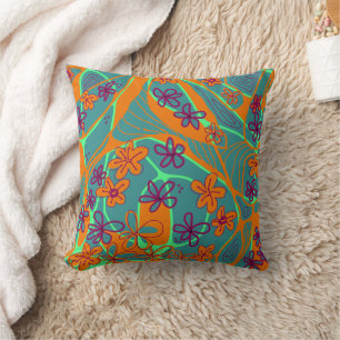 Maximalist Floral Neuro Art - Teal Orange Magenta Cushion