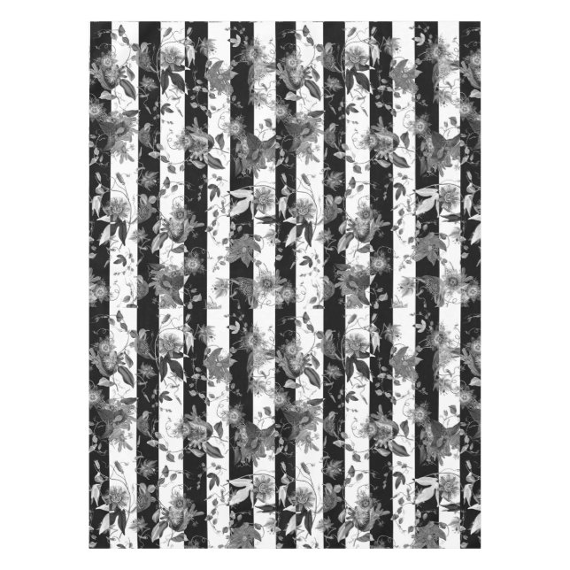 Maximalist Flowers Black White Stripe Tablecloth (Front)