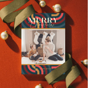 Maximalist Geometric Teal Christmas Photo Foil Holiday Card