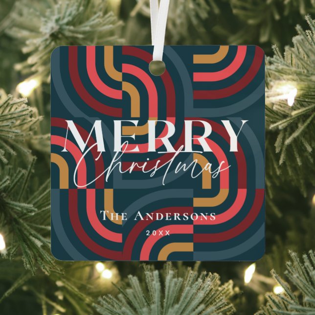 Maximalist Geometric Teal Christmas Photo Metal Tree Decoration (Insitu)