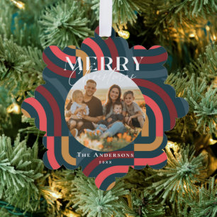 Maximalist Geometric Teal Christmas Photo Tree Decoration Card
