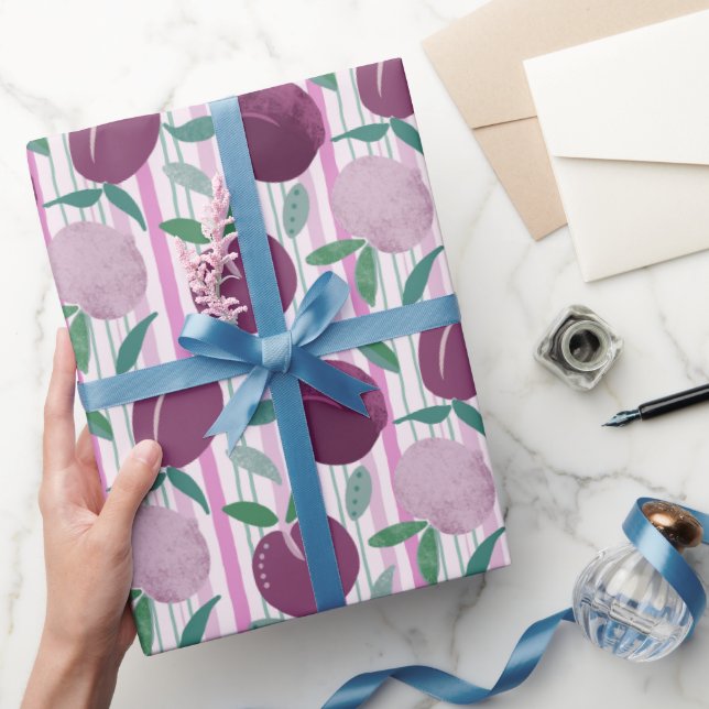 Maximalist Hand Drawn Plums and Stripes Wrapping Paper (Gifting)