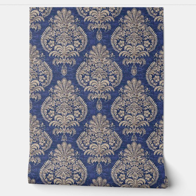Maximalist Jewel & Feather Blue Grey Olive Wallpaper (Unrolling)