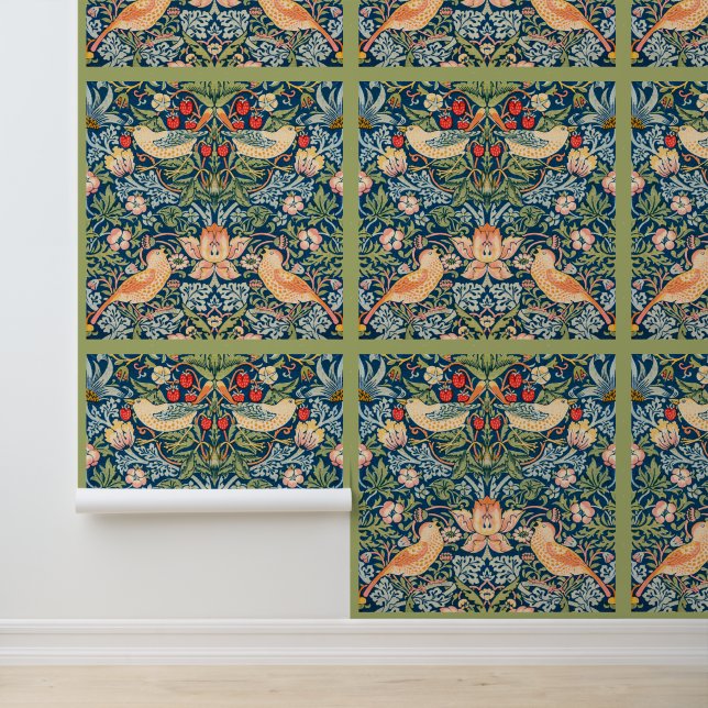 Maximalist Jewel & Feather Blue Grey Olive Wallpaper (Application)