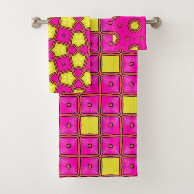 Maximalist Pink Lemonade Geometric Towel Set (Insitu)
