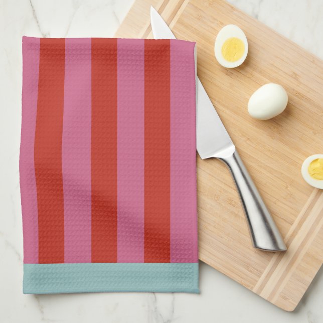 Maximalist Pink & Red Stripe with Turquoise Border Tea Towel (Quarter Fold)