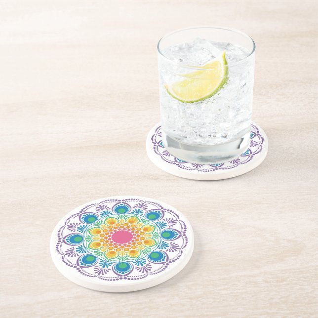 Maximalist Rainbow Floral Fountain Dot Mandala Coaster (Side)