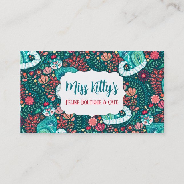 Maximalist Teal Cat on Folksy Floral Business Card (Front)