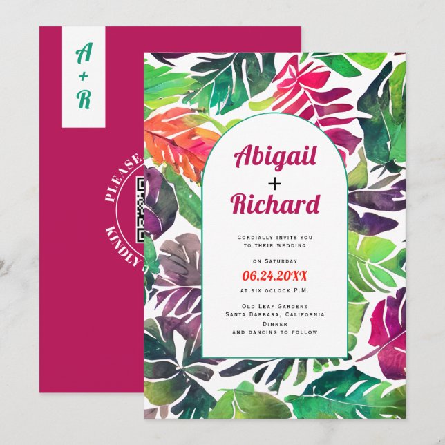Maximalist tropical leaves arch QR code wedding Invitation (Front/Back)