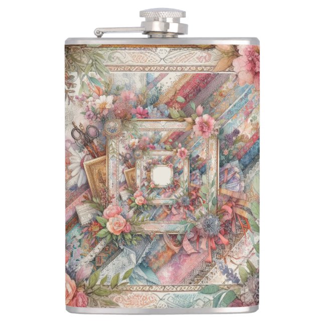 Maximalist Vintage Decoupage Hip Flask (Front)