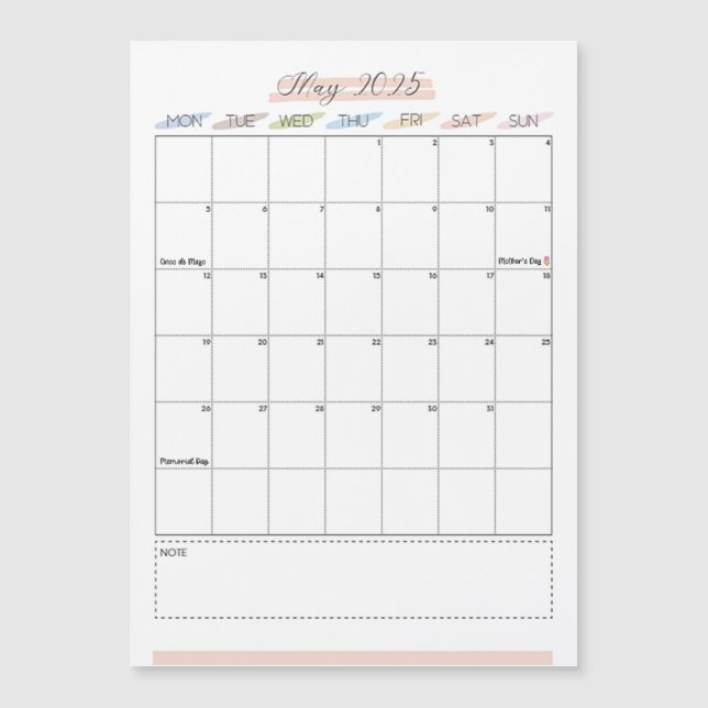 May 2025 Magnetic Calendar (Front)