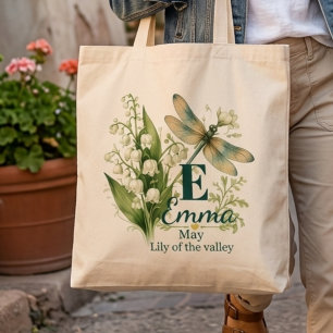 May Birth Flower Lily of the Valley Monogram Drago Tote Bag