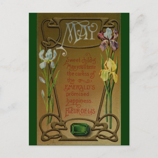 May Birthday Emerald and Irises Postcard (Front)