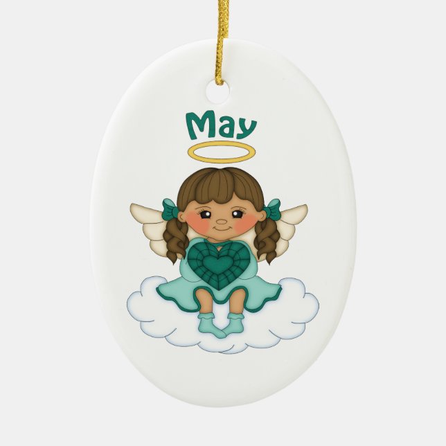 May Birthstone Angel Brunette Ceramic Tree Decoration (Front)