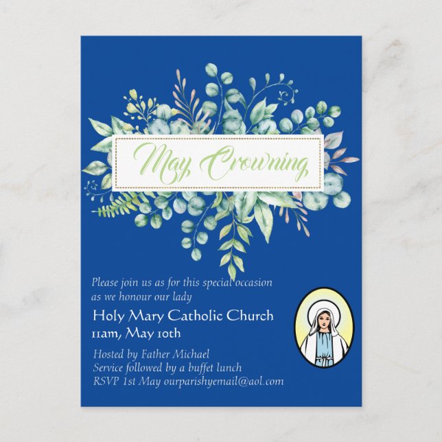 May Crowning Invites Virgin Mary Catholic Invites Postcard (Front)