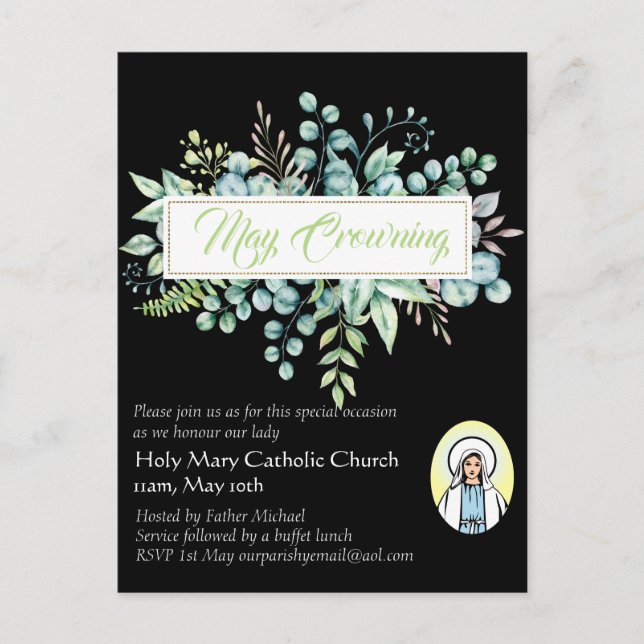 May Crowning Invites Virgin Mary Catholic Invites Postcard (Front)